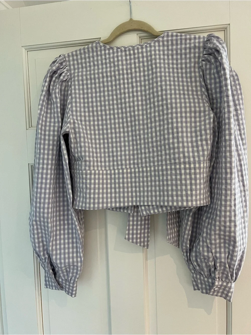 NWT Anthropologie Maeve Lavender and White Gingham Tie-Front Puff Sleeve Blouse